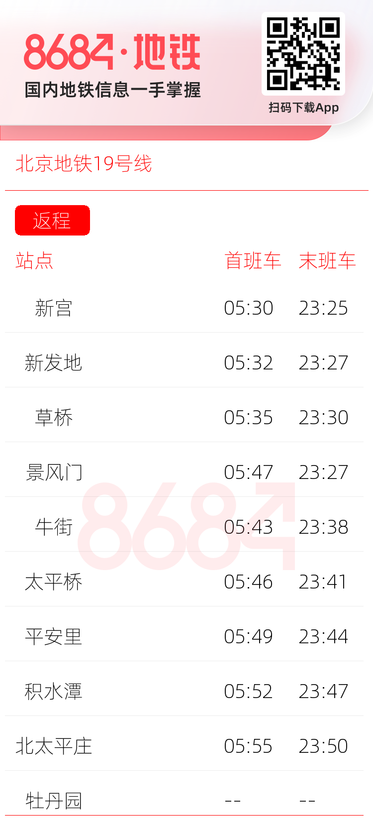 北京地铁19号线运营时间表