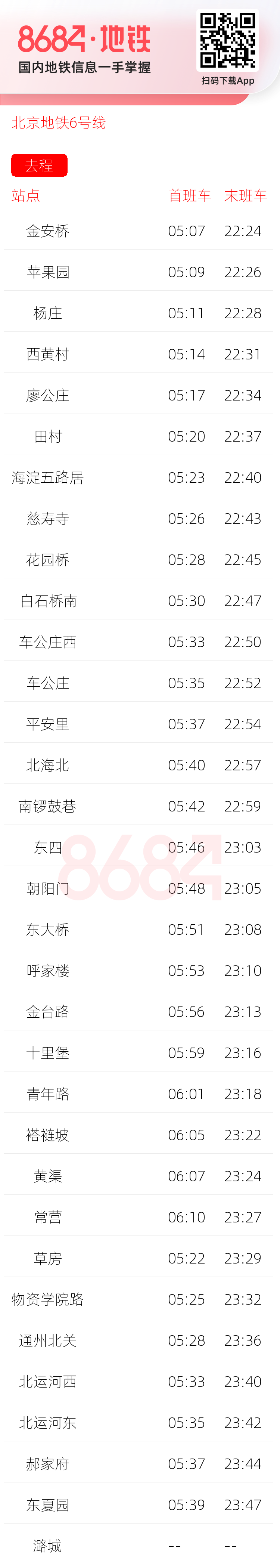 北京地铁6号线运营时间表