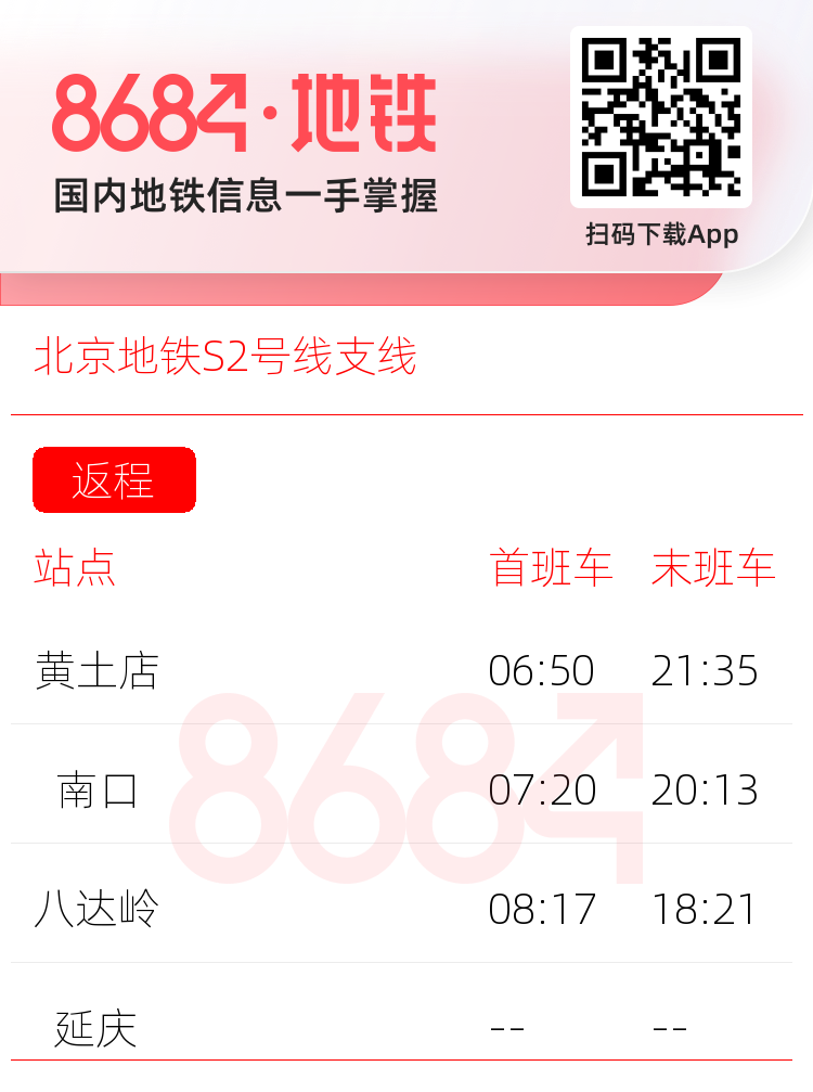 北京地铁S2号线支线运营时间表