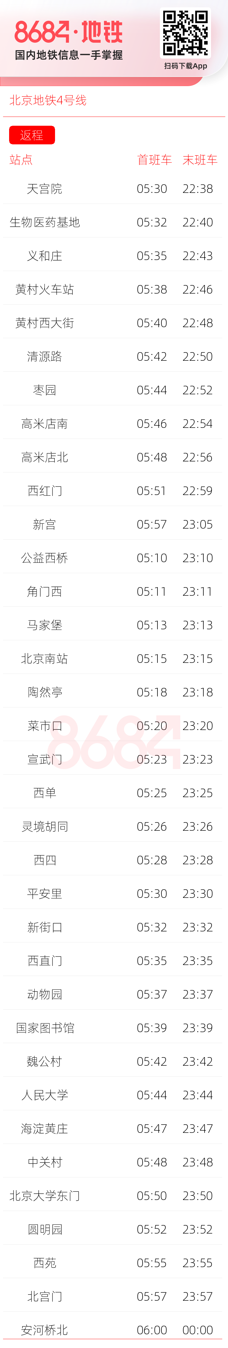 北京地铁4号线运营时间表