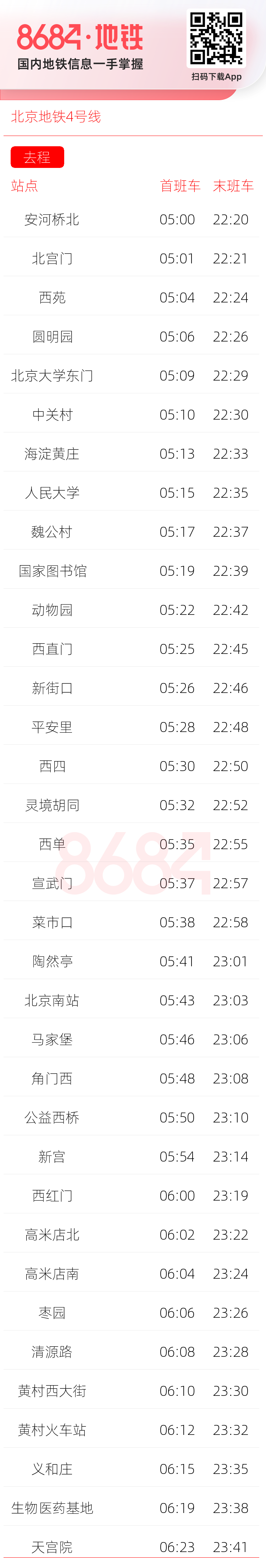 北京地铁4号线运营时间表