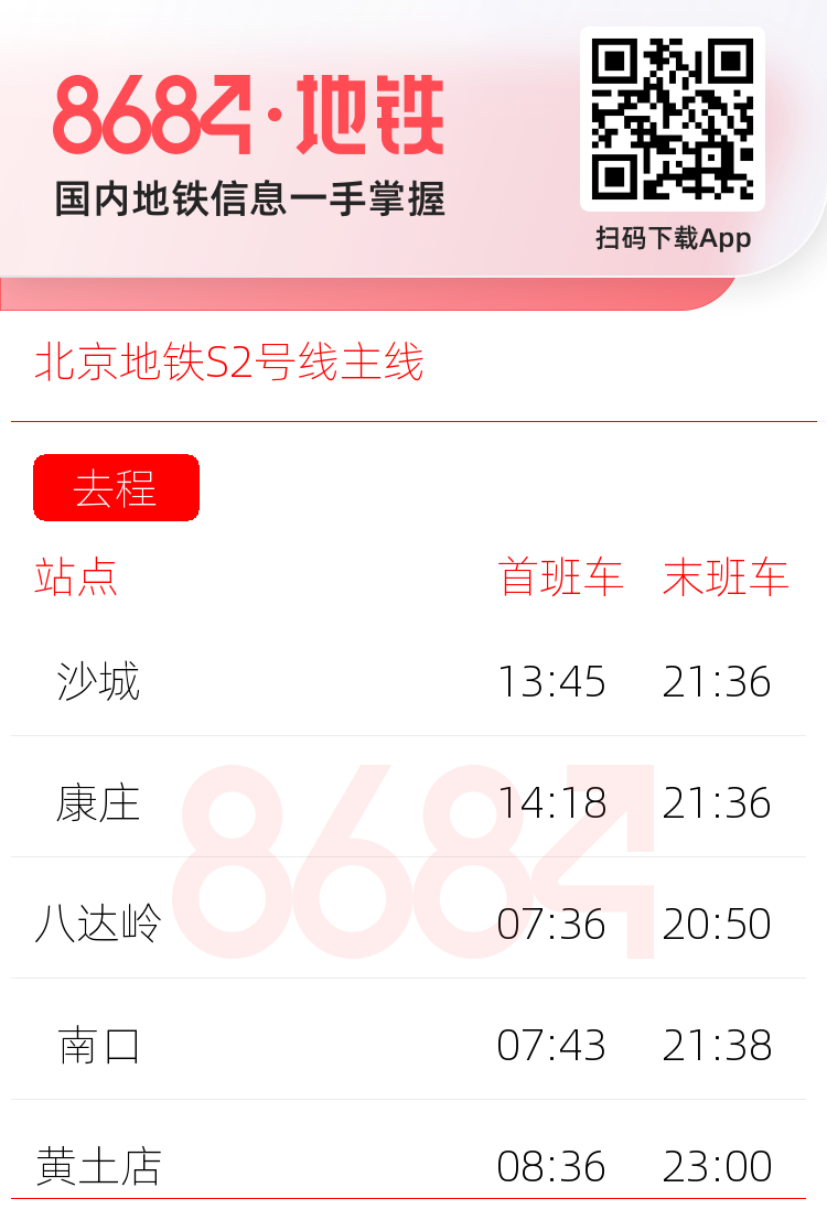 北京地铁S2号线主线运营时间表