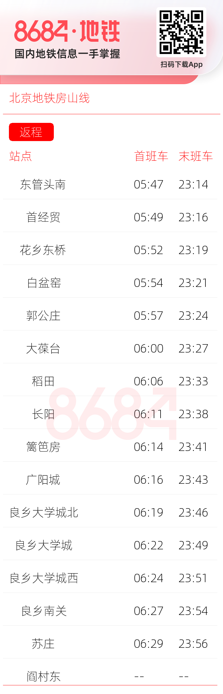 北京地铁房山线运营时间表