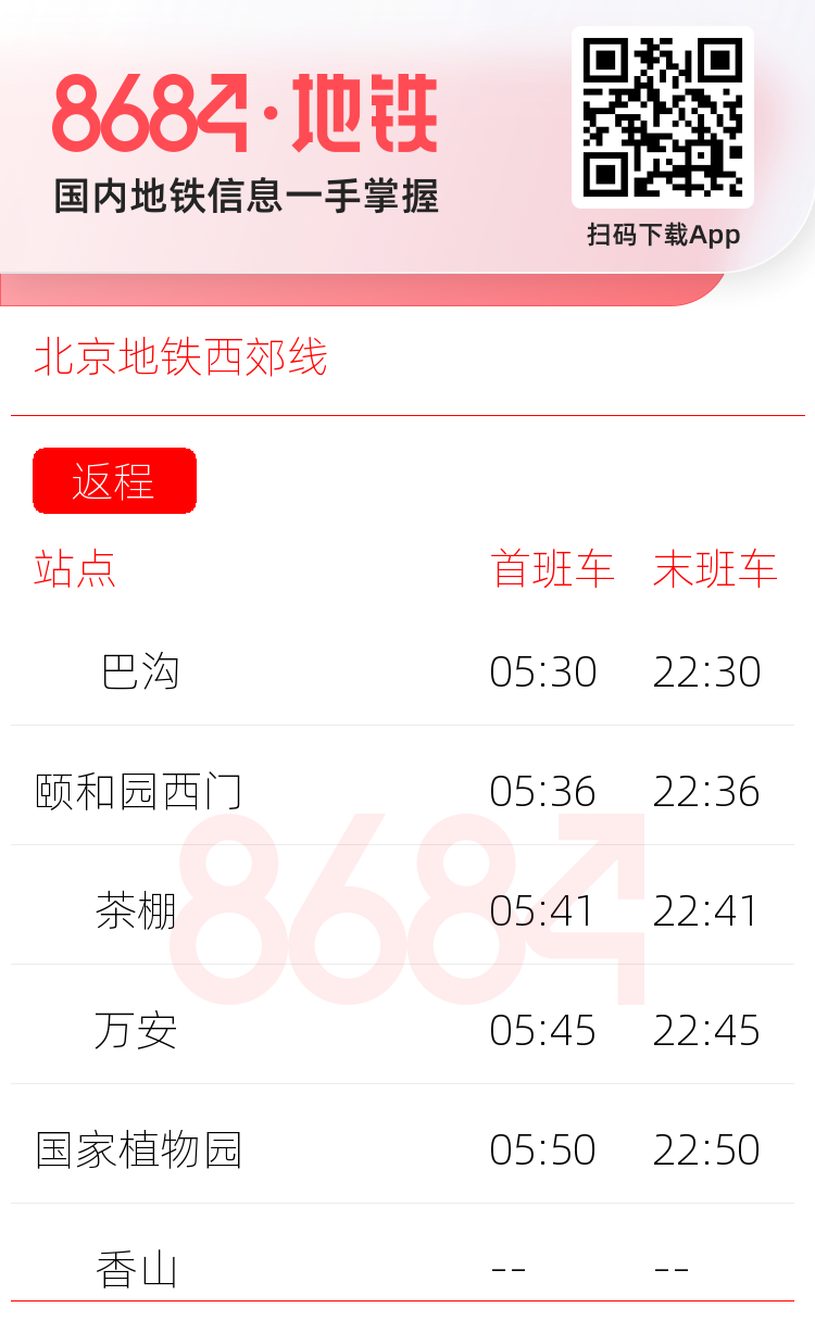 北京地铁西郊线运营时间表