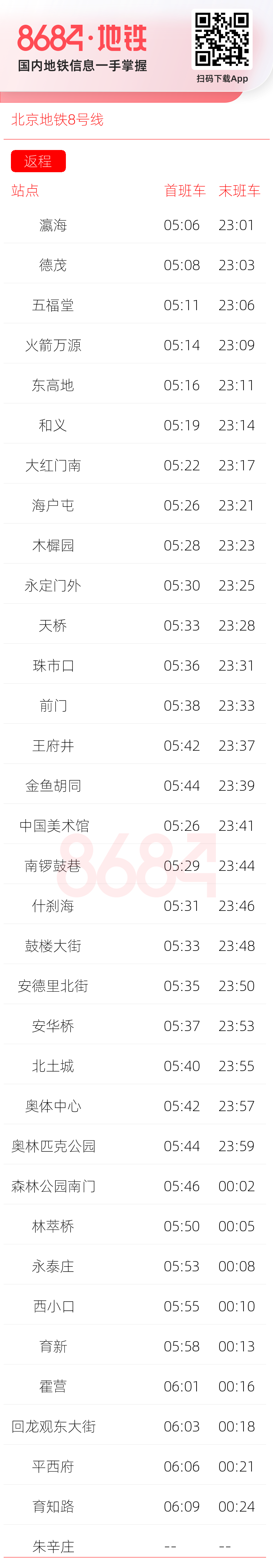 北京地铁8号线运营时间表