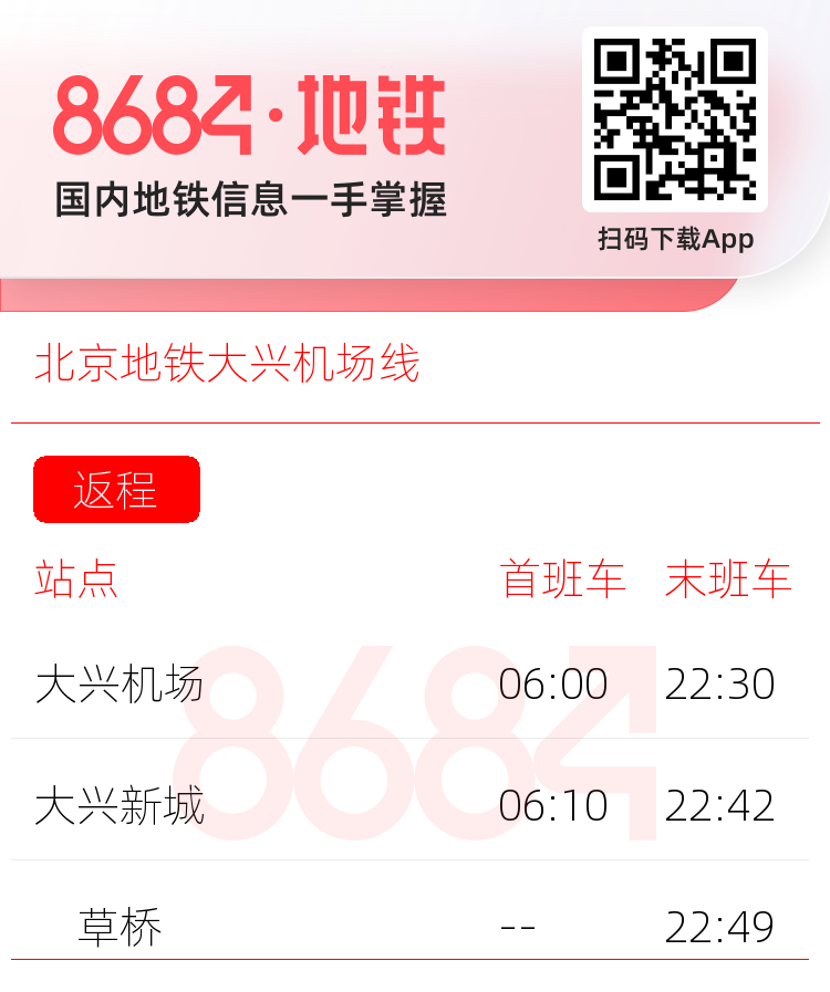 北京地铁大兴机场线运营时间表