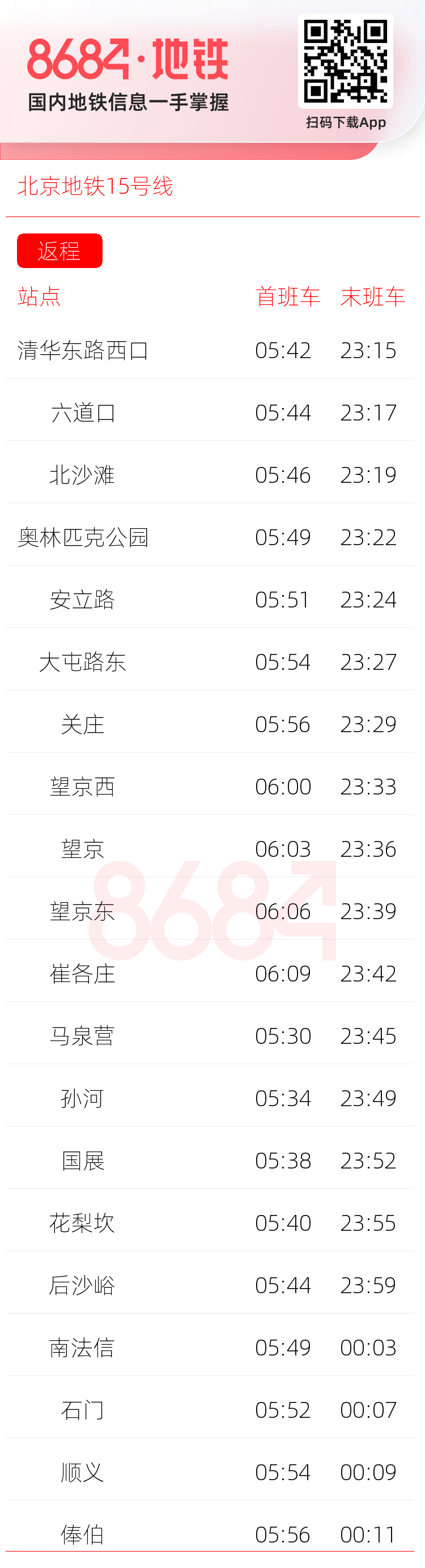 北京地铁15号线运营时间表