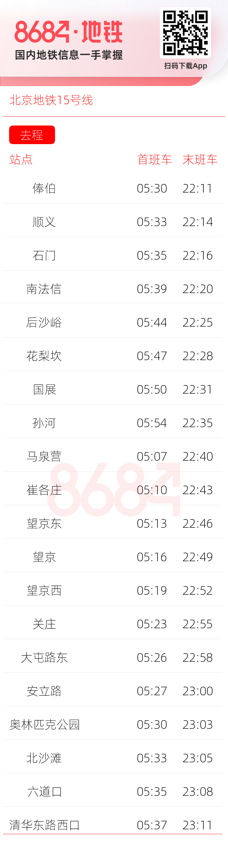 北京地铁15号线运营时间表