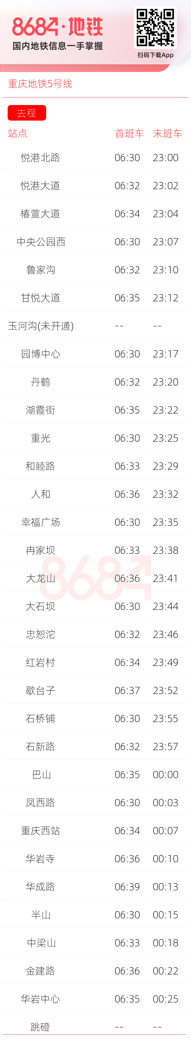 重庆地铁5号线运营时间表
