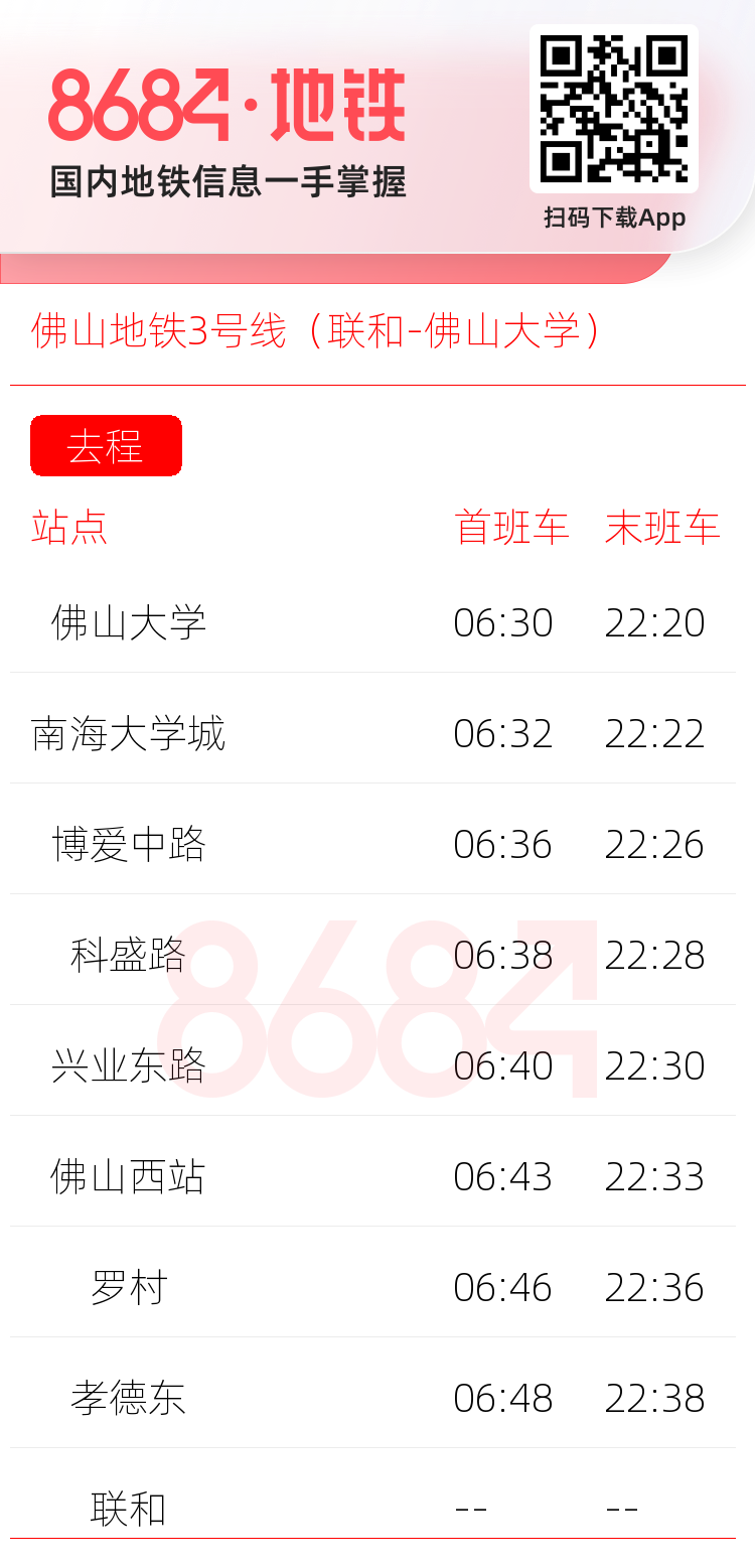 佛山地铁3号线（联和-佛山大学）运营时间表