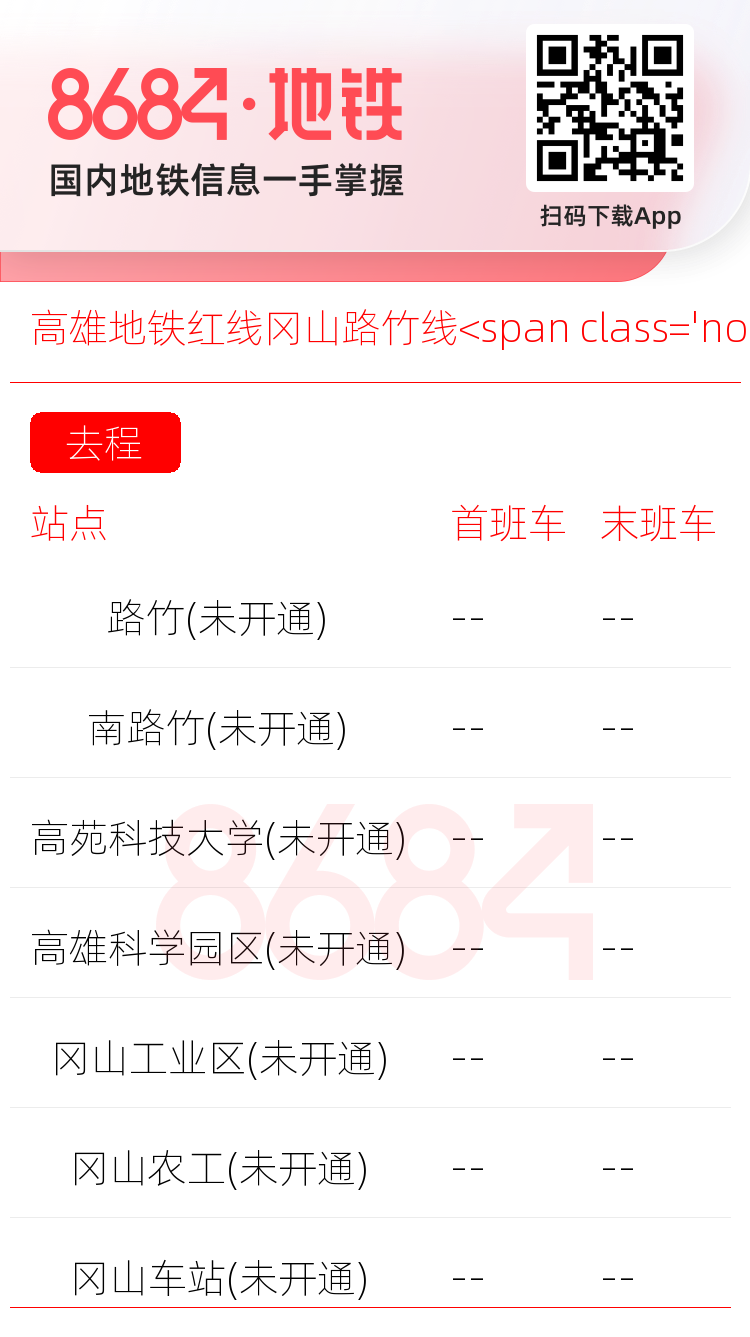 高雄地铁红线冈山路竹线<span class='no'>(未开通)</span>运营时间表