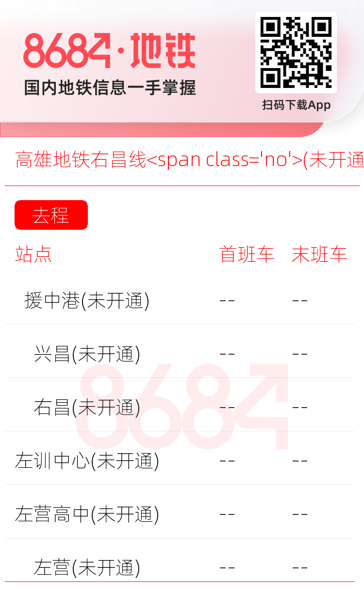 高雄地铁右昌线<span class='no'>(未开通)</span>运营时间表