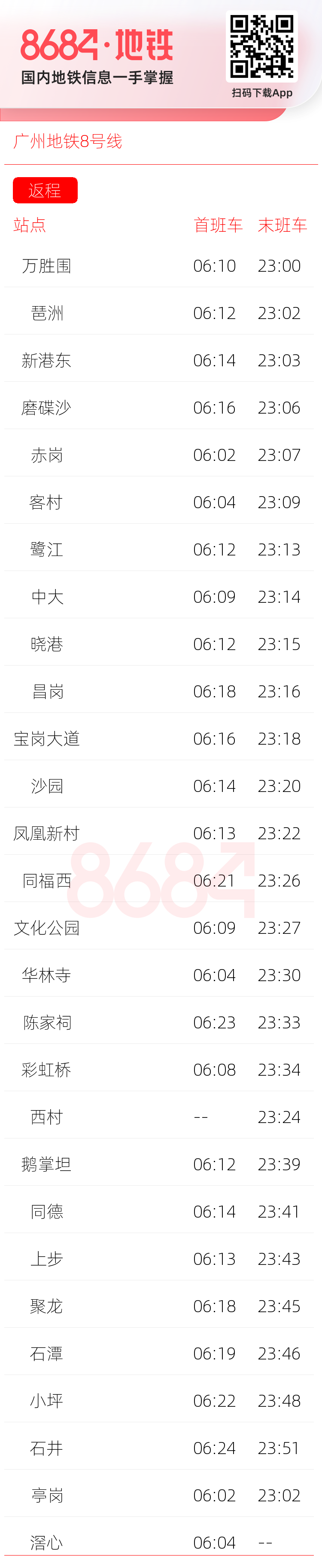 广州地铁8号线运营时间表