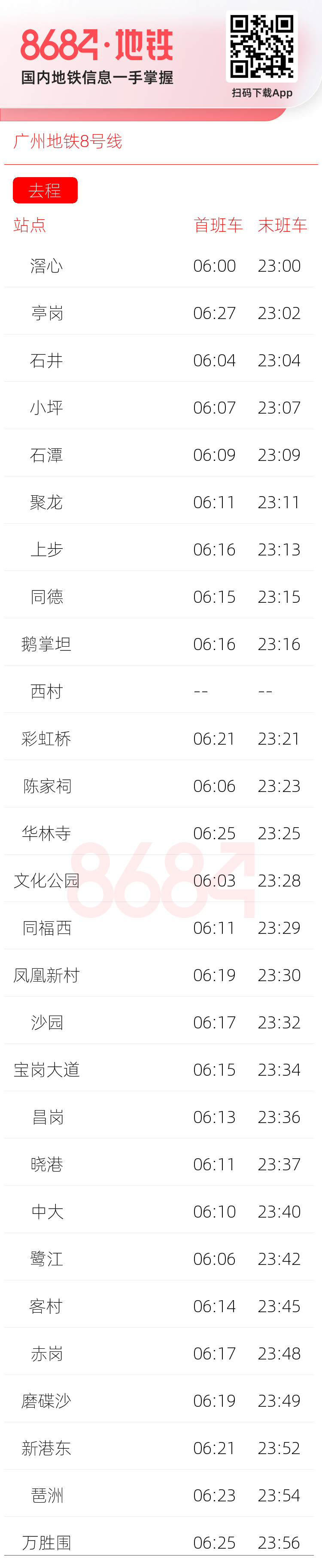 广州地铁8号线运营时间表