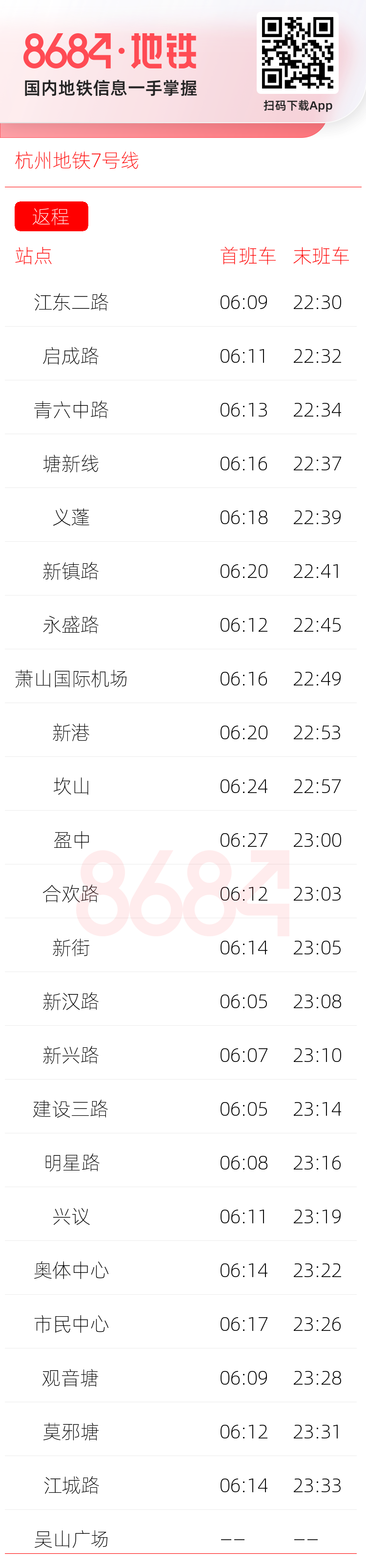 杭州地铁7号线运营时间表