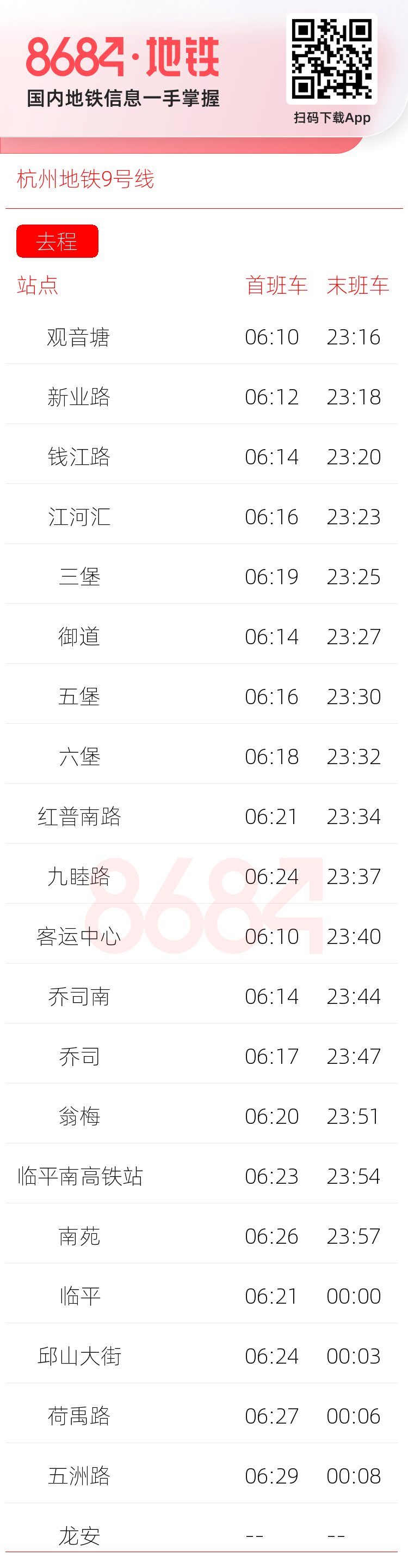 杭州地铁9号线运营时间表