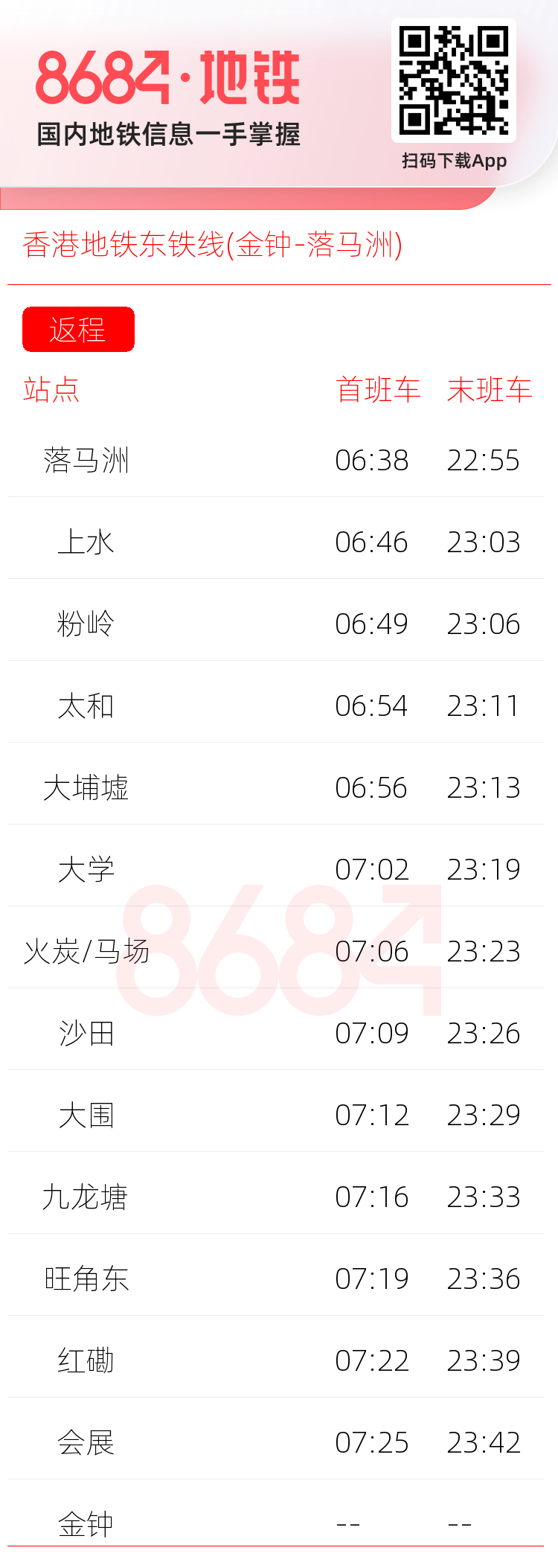 香港地铁东铁线(金钟-落马洲)运营时间表