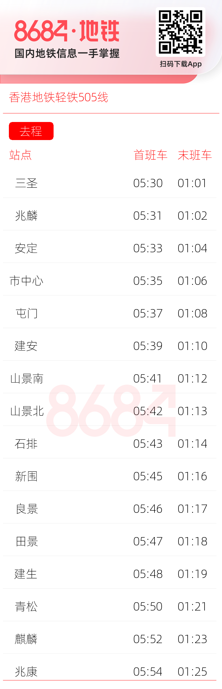 香港地铁轻铁505线运营时间表