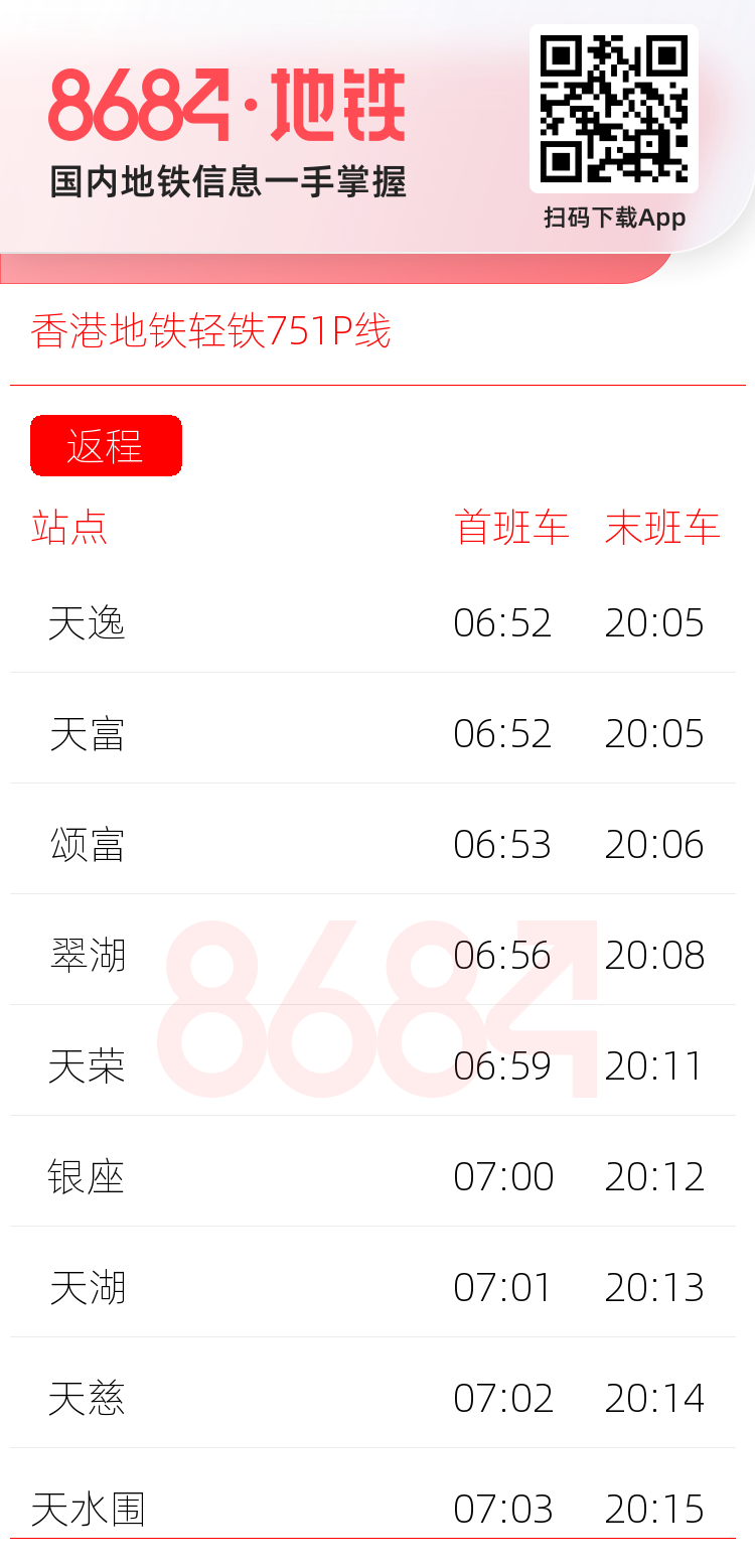 香港地铁轻铁751P线运营时间表