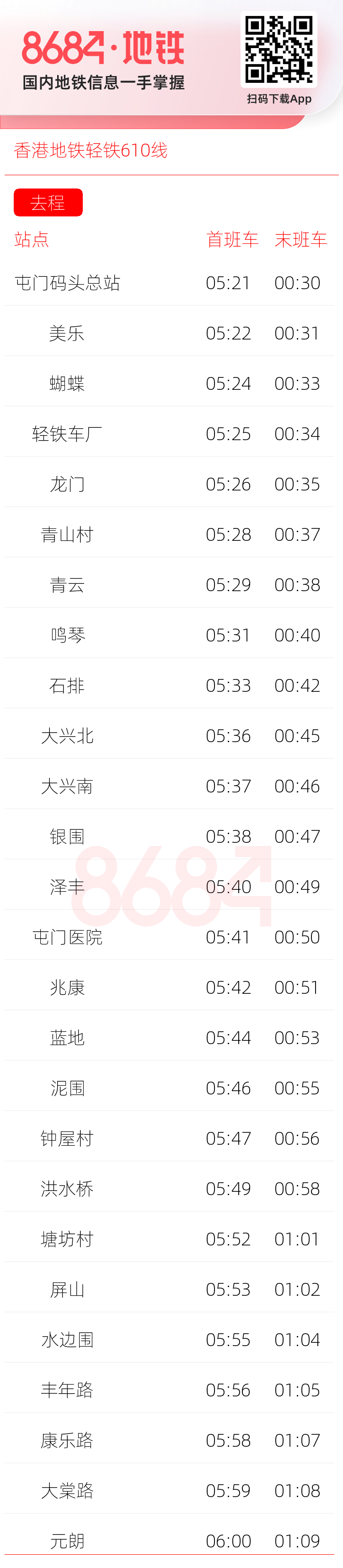 香港地铁轻铁610线运营时间表