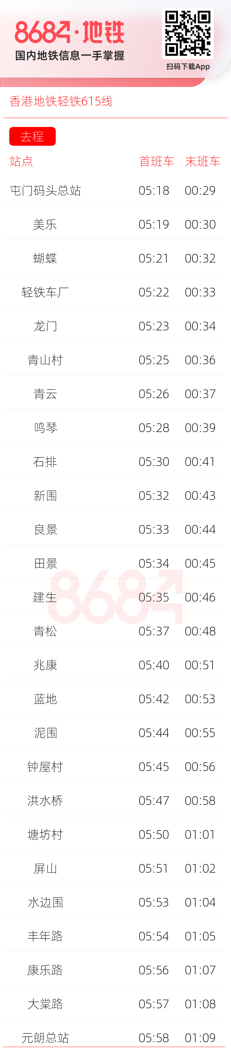 香港地铁轻铁615线运营时间表