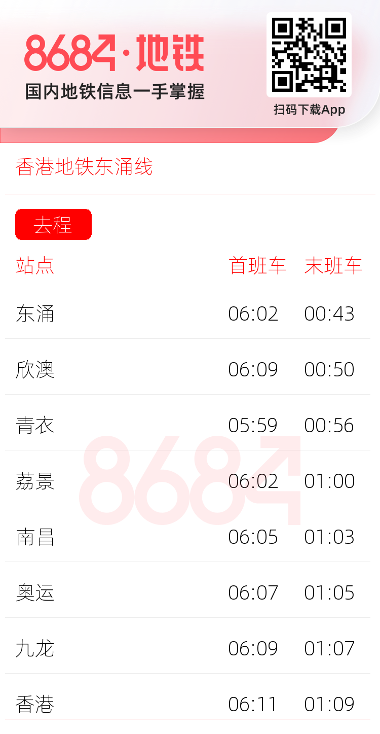 香港地铁东涌线运营时间表