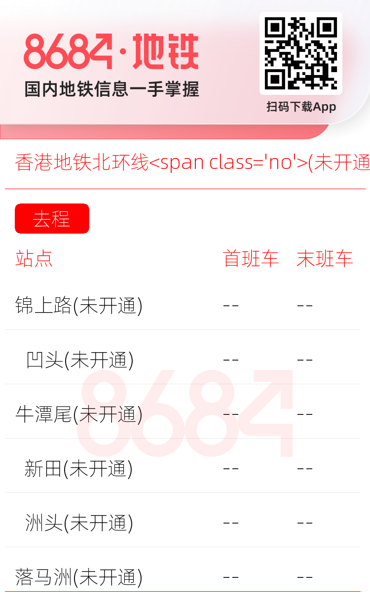 香港地铁北环线<span class='no'>(未开通)</span>运营时间表