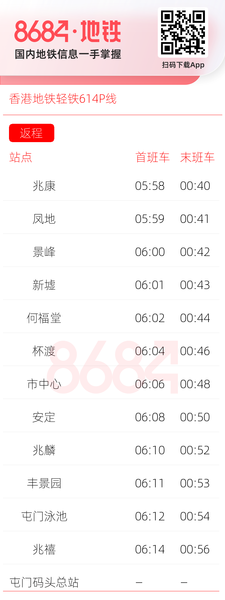 香港地铁轻铁614P线运营时间表