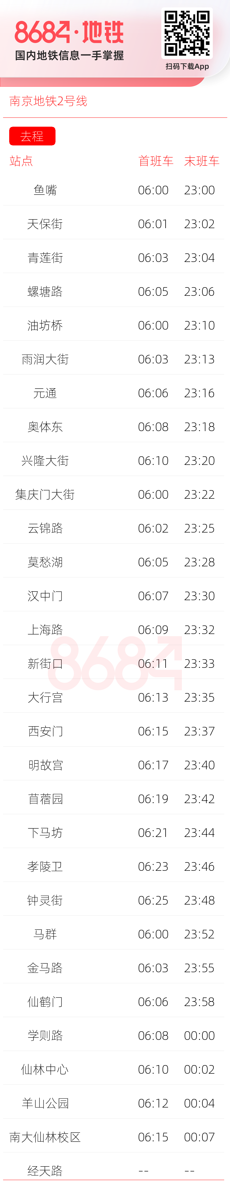 南京地铁2号线运营时间表