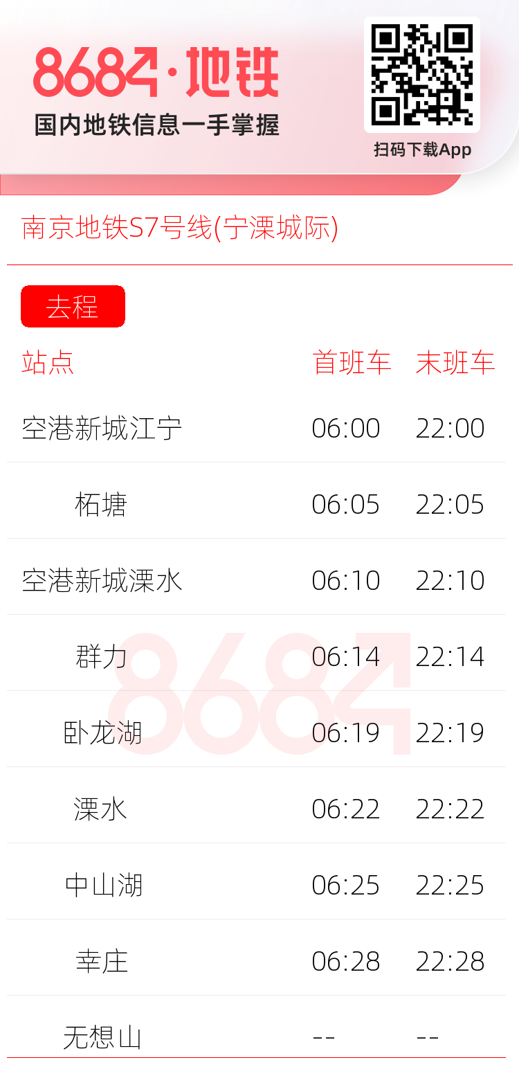 南京地铁S7号线(宁溧城际)运营时间表