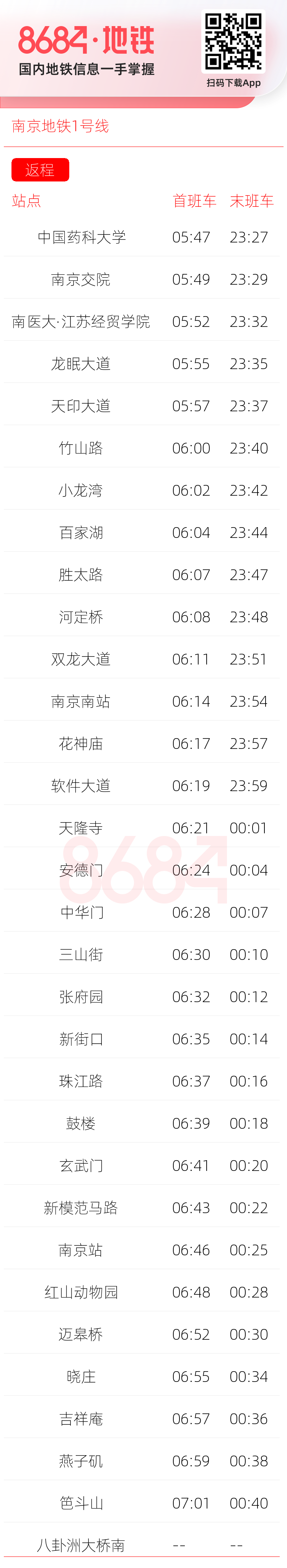 南京地铁1号线运营时间表