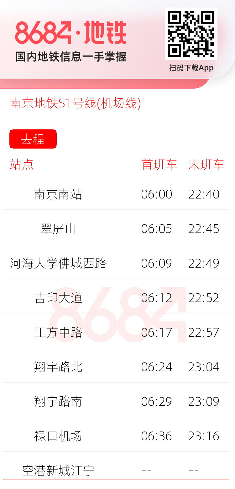 南京地铁S1号线(机场线)运营时间表