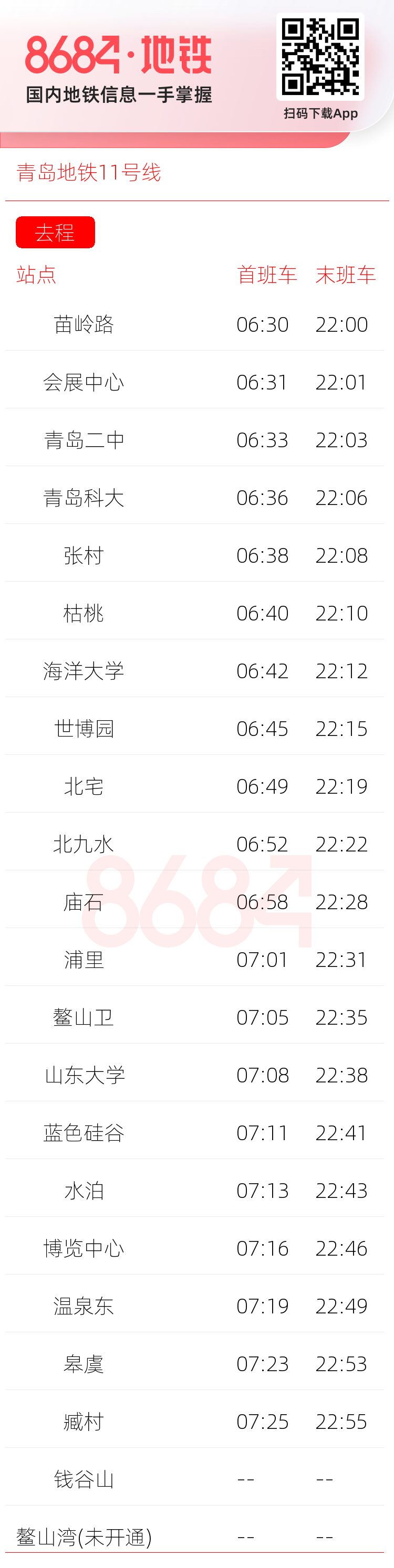 青岛地铁11号线运营时间表