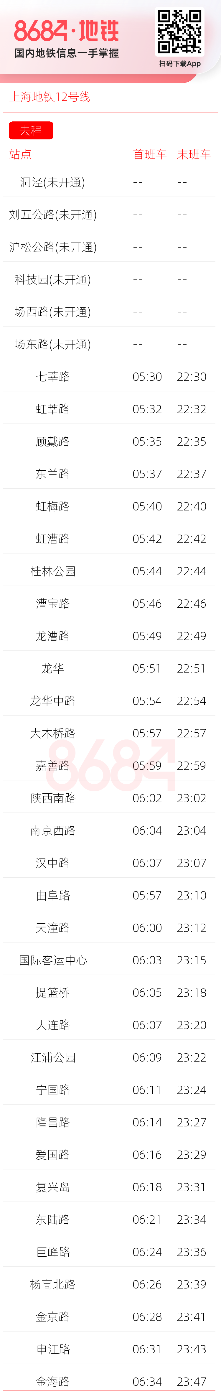 上海地铁12号线运营时间表