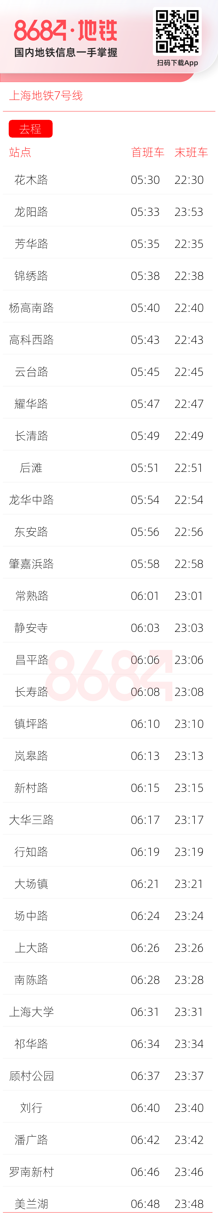 上海地铁7号线运营时间表