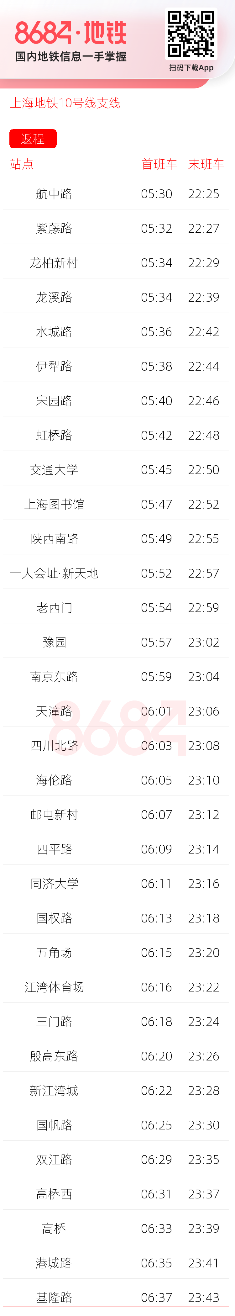上海地铁10号线支线运营时间表