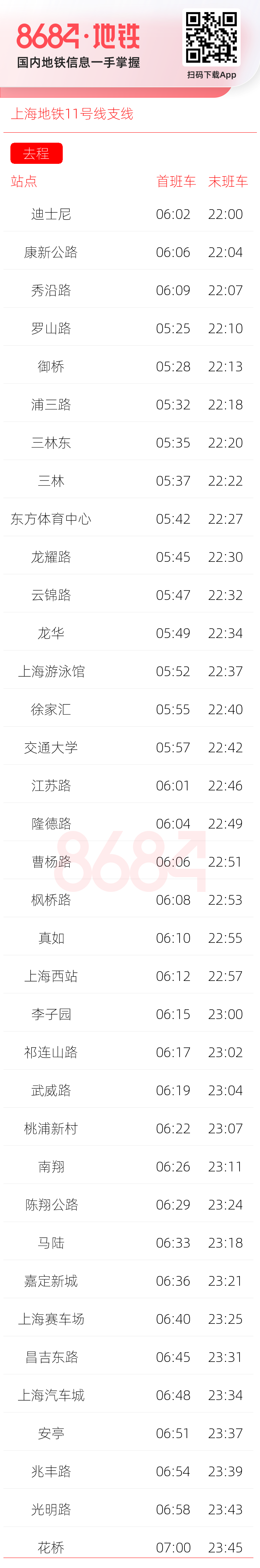 上海地铁11号线支线运营时间表