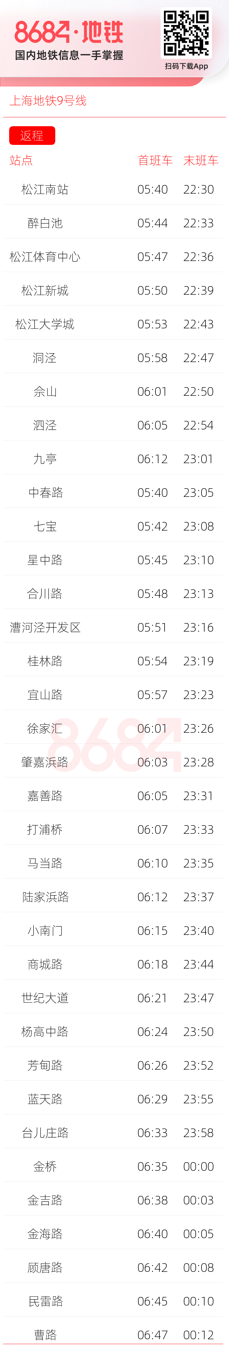 上海地铁9号线运营时间表