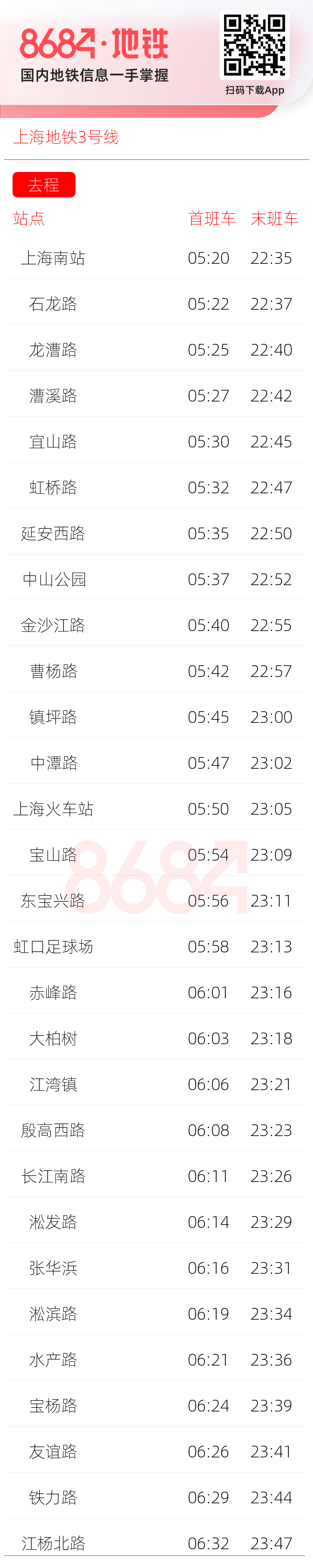 上海地铁3号线运营时间表