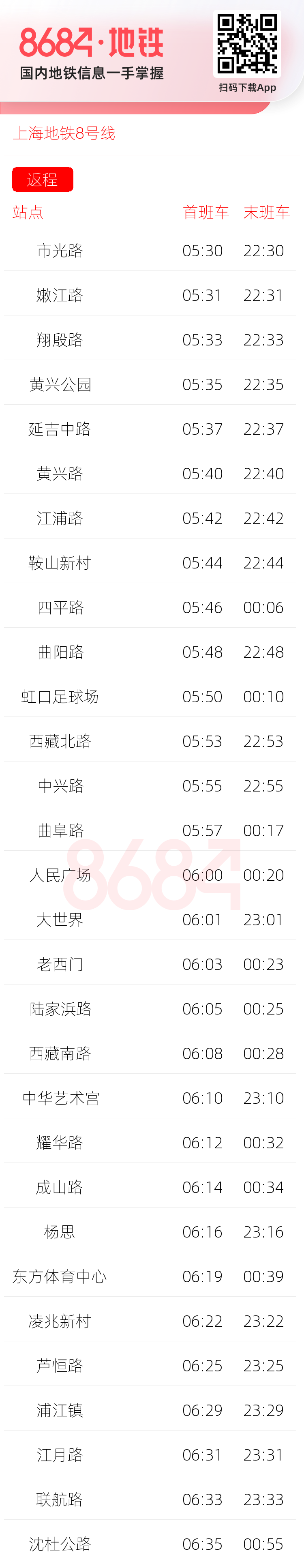 上海地铁8号线运营时间表