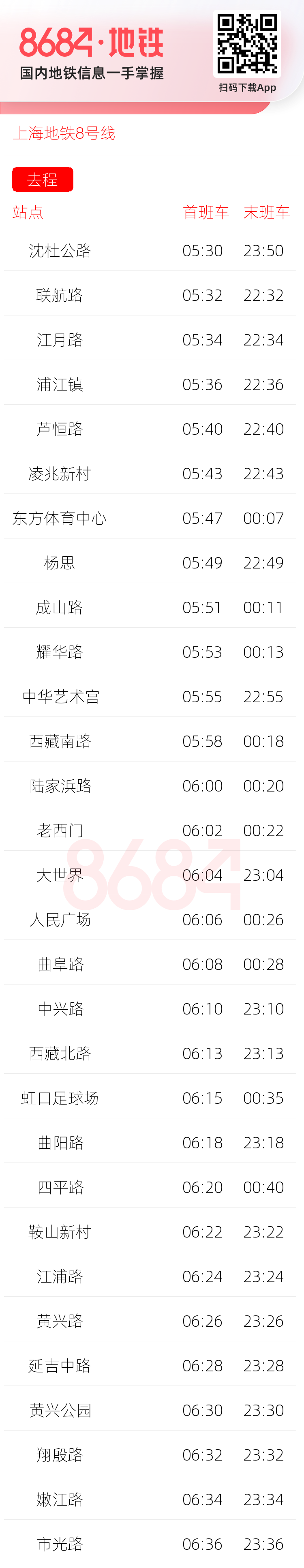上海地铁8号线运营时间表