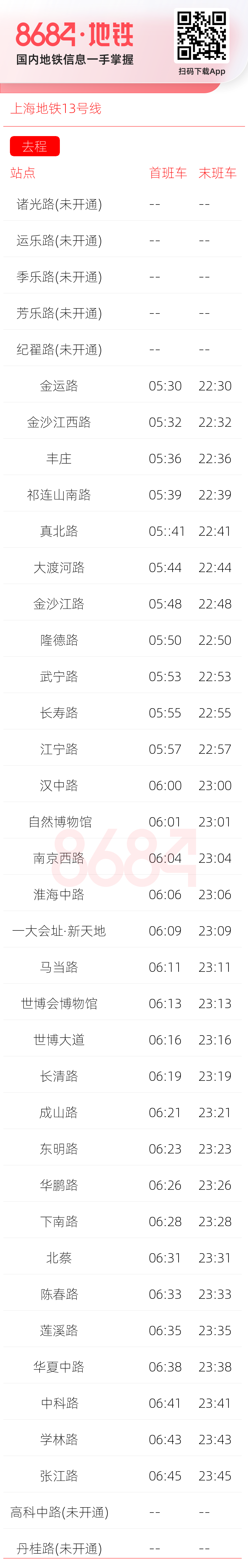 上海地铁13号线运营时间表