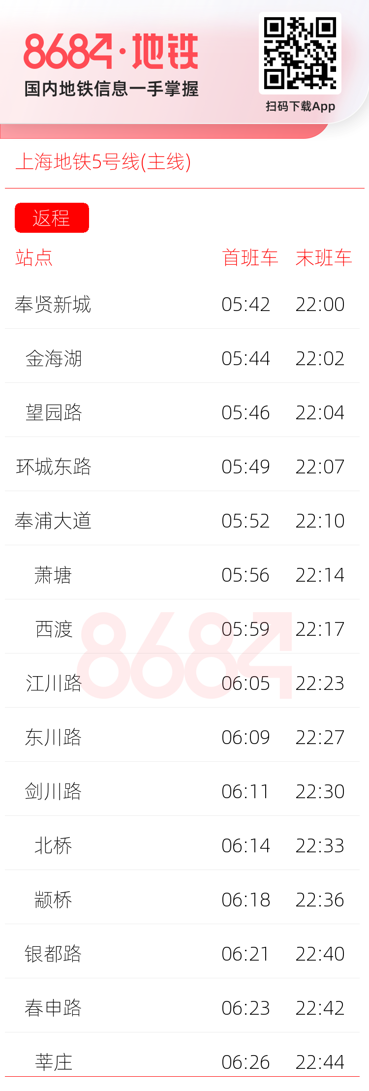 上海地铁5号线(主线)运营时间表