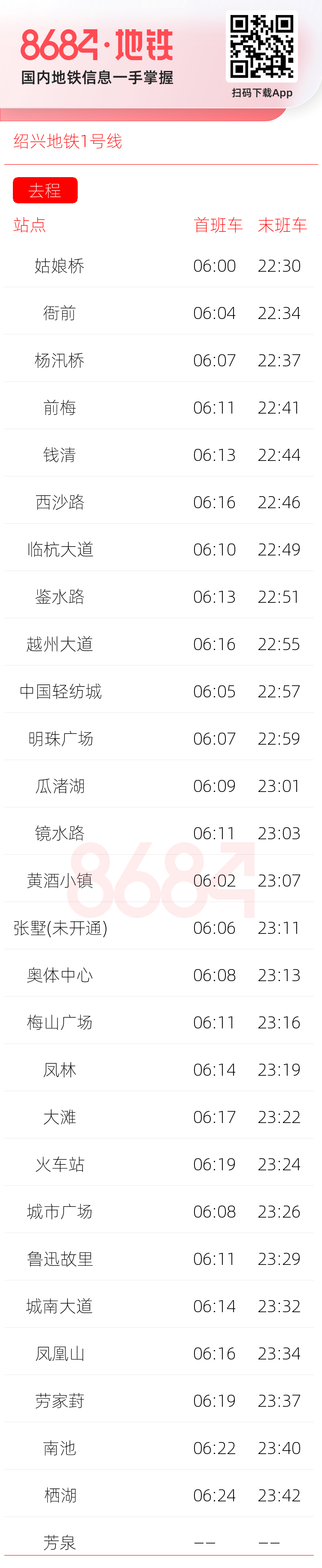 绍兴地铁1号线运营时间表