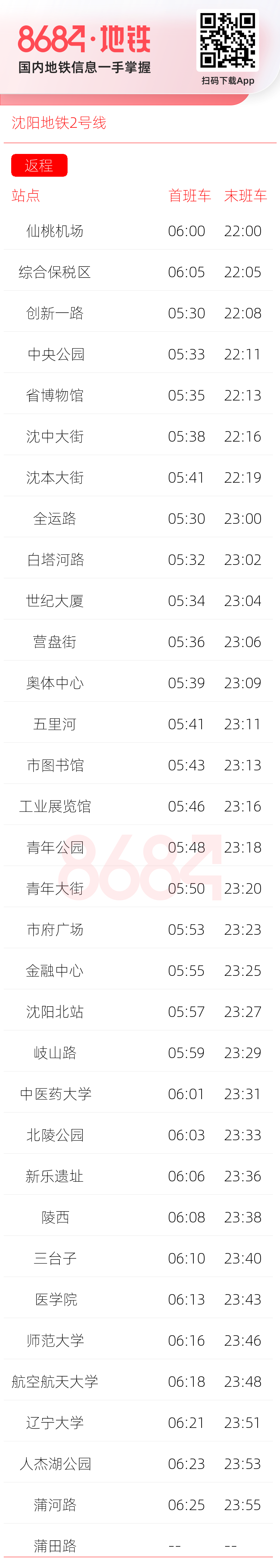 沈阳地铁2号线运营时间表