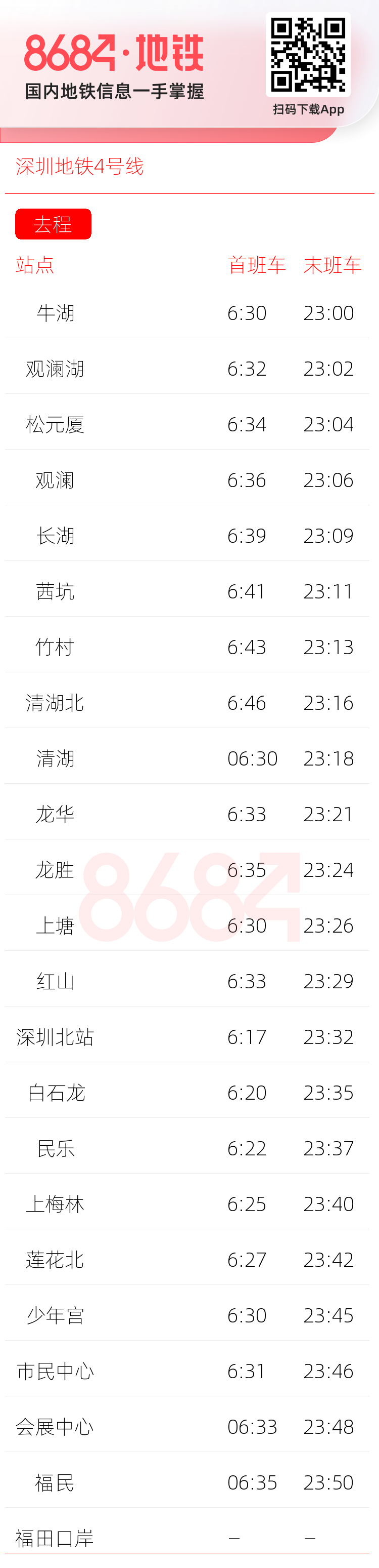 深圳地铁4号线运营时间表