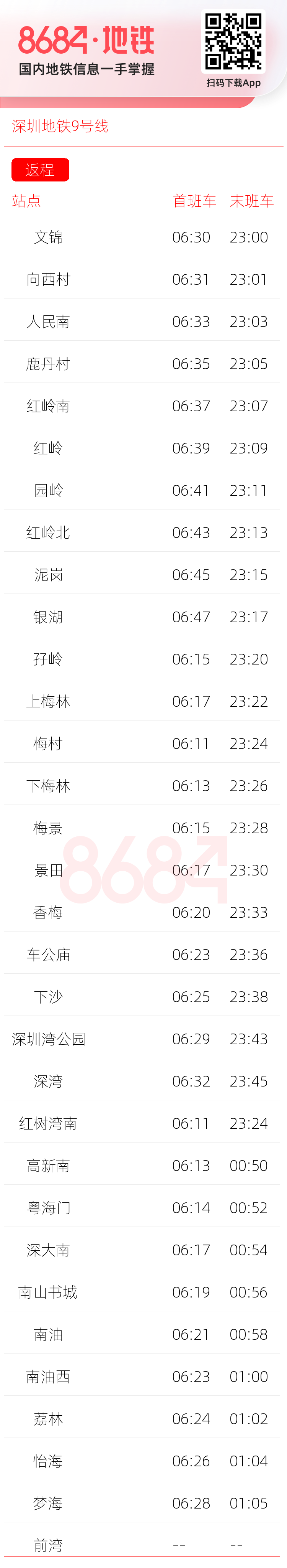 深圳地铁9号线运营时间表