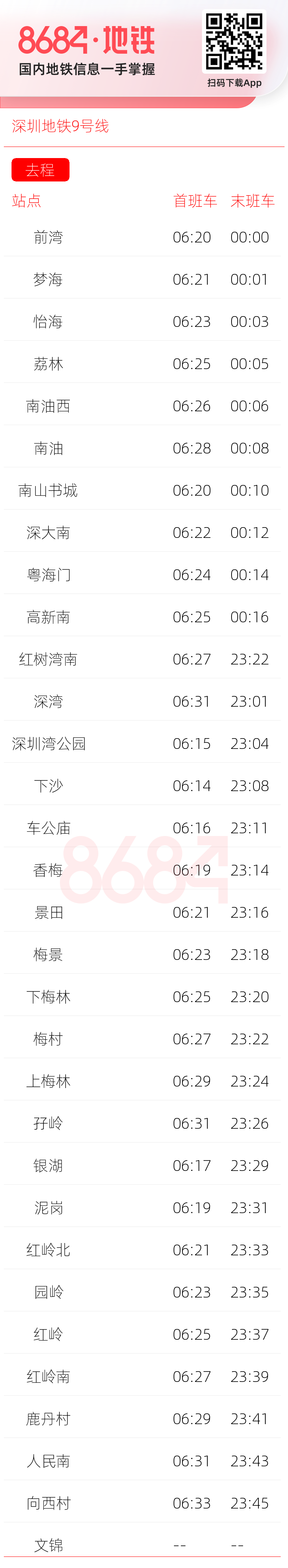 深圳地铁9号线运营时间表