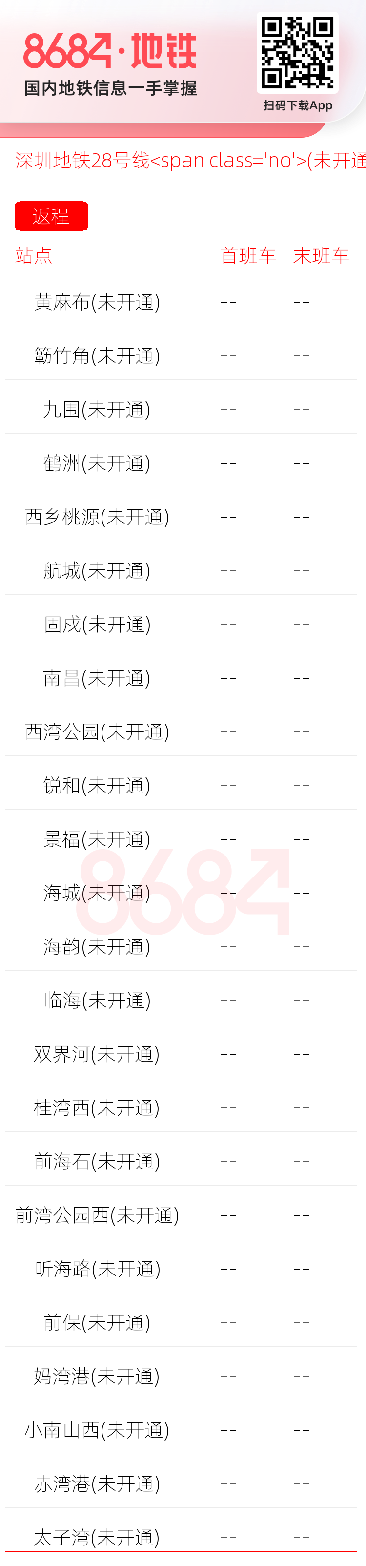 深圳地铁28号线<span class='no'>(未开通)</span>运营时间表