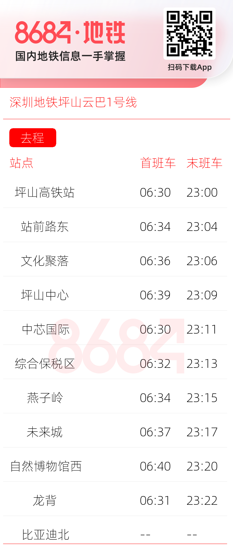 深圳地铁坪山云巴1号线运营时间表